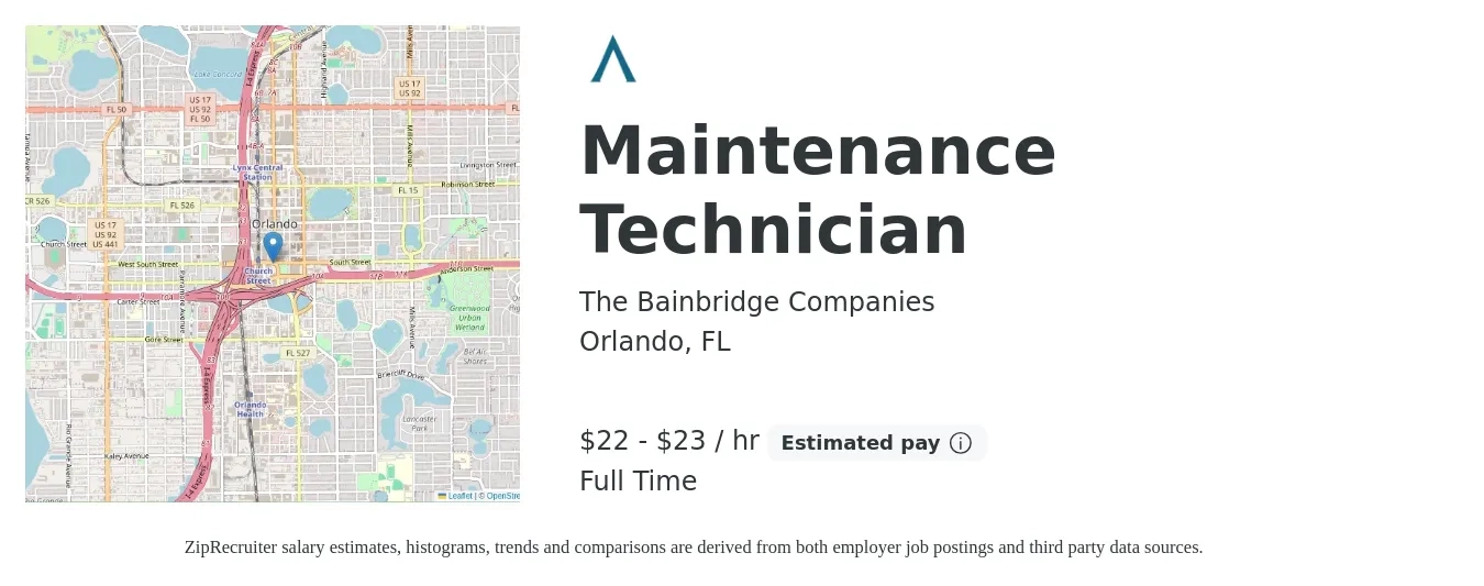 The Bainbridge Companies job posting for a Maintenance Technician in Orlando, FL with a salary of $23 to $24 Hourly with a map of Orlando location.