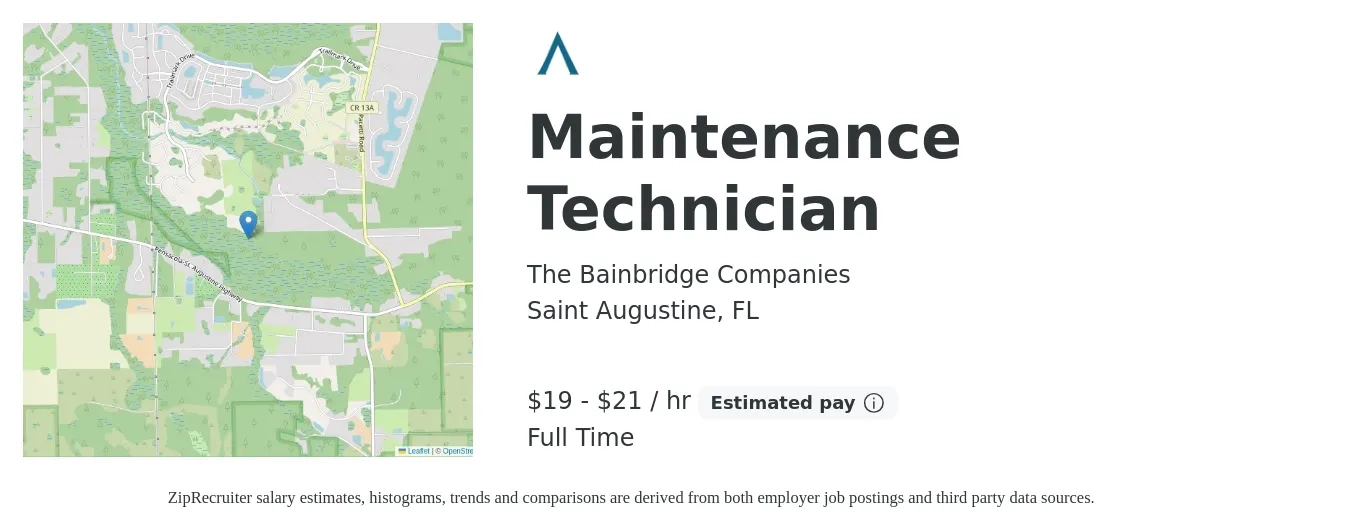 The Bainbridge Companies job posting for a Maintenance Technician in Saint Augustine, FL with a salary of $20 to $22 Hourly with a map of Saint Augustine location.