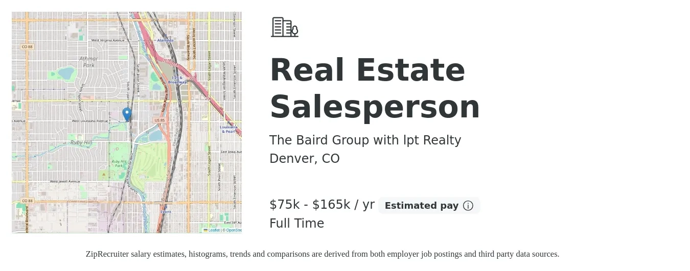 The Baird Group with lpt Realty job posting for a Real Estate Salesperson in Denver, CO with a salary of $75,000 Yearly with a map of Denver location.