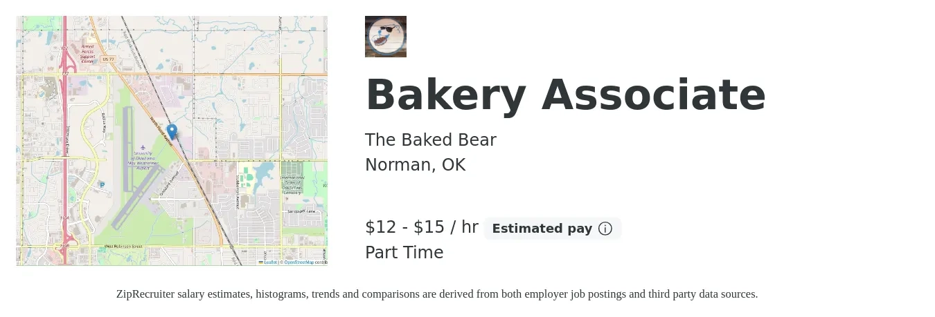 The Baked Bear job posting for a Bakery Associate in Norman, OK with a salary of $13 to $16 Hourly (plus commission) with a map of Norman location.