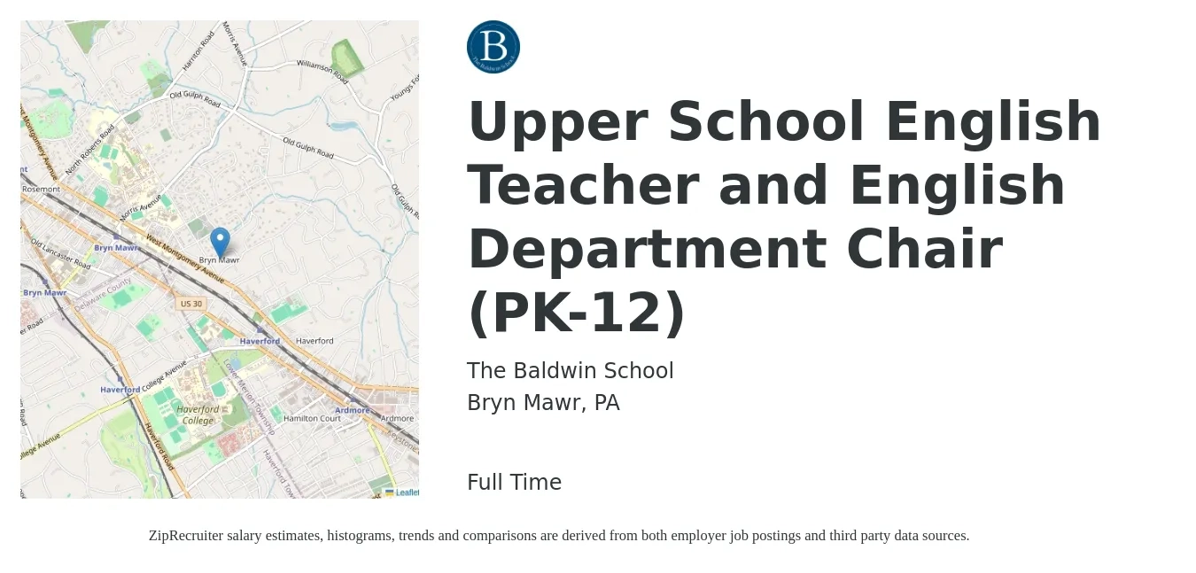 The Baldwin School job posting for a Upper School English Teacher and English Department Chair (PK-12) in Bryn Mawr, PA with a salary of $40,200 to $57,200 Yearly with a map of Bryn Mawr location.