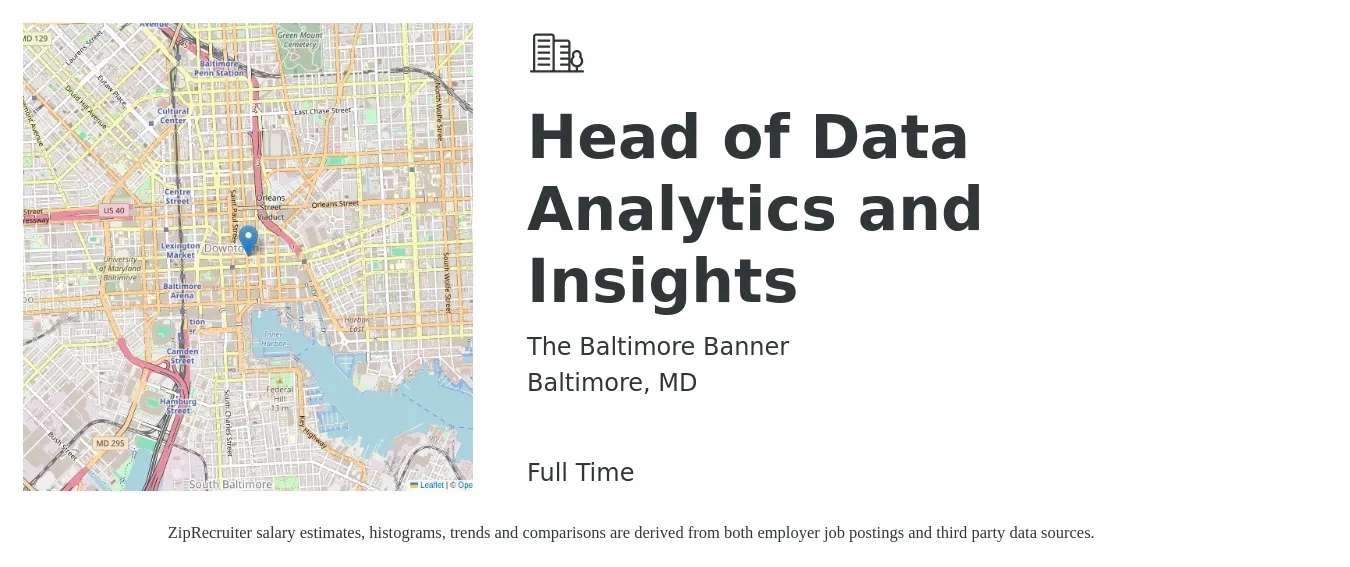 The Baltimore Banner job posting for a Head of Data Analytics and Insights in Baltimore, MD with a salary of $97,900 to $135,100 Yearly with a map of Baltimore location.