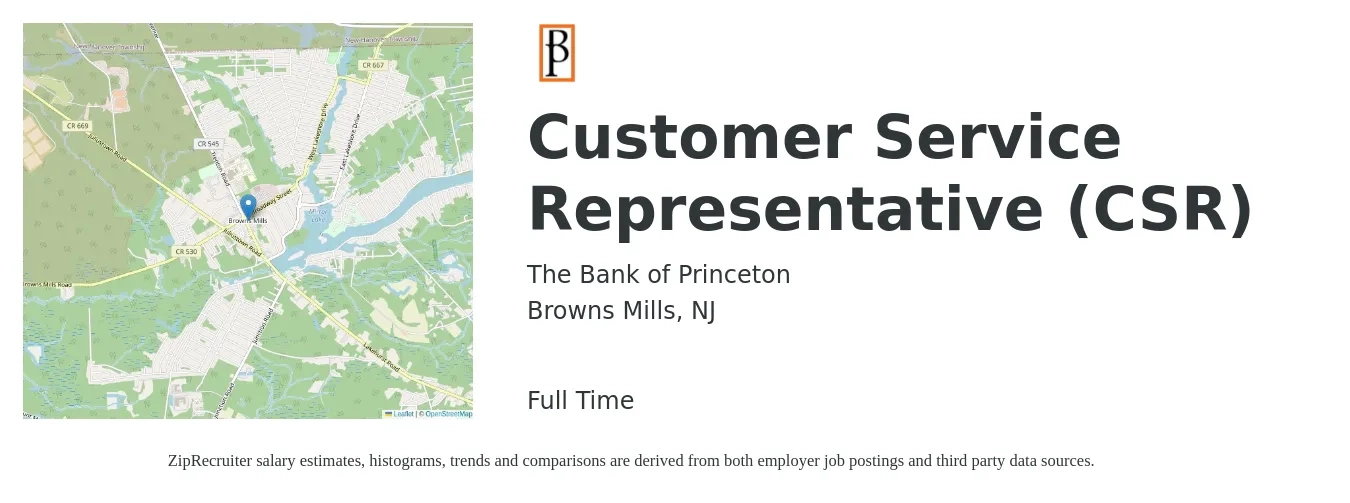 The Bank of Princeton job posting for a Customer Service Representative (CSR) in Browns Mills, NJ with a salary of $16 to $21 Hourly with a map of Browns Mills location.