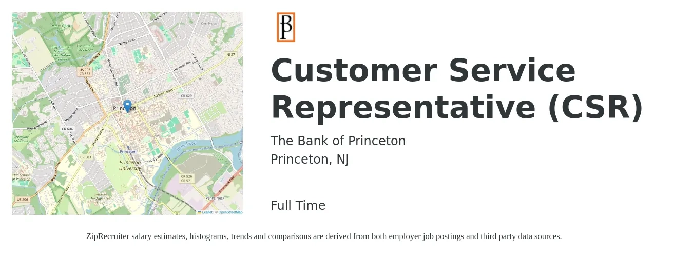 The Bank of Princeton job posting for a Customer Service Representative (CSR) in Princeton, NJ with a salary of $17 to $23 Hourly with a map of Princeton location.
