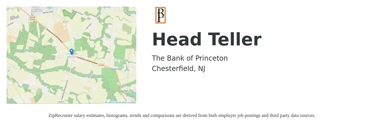 The Bank of Princeton job posting for a Head Teller in Chesterfield, NJ with a salary of $20 to $26 Hourly with a map of Chesterfield location.
