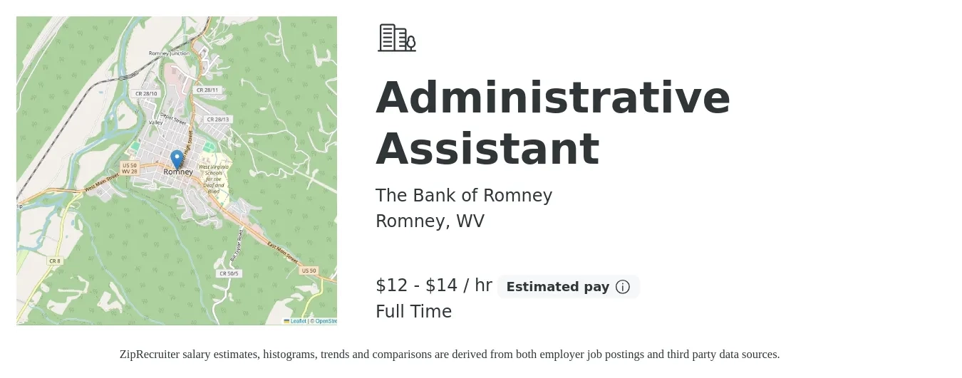 The Bank of Romney job posting for a Administrative Assistant in Romney, WV with a salary of $12 to $16 Hourly with a map of Romney location.