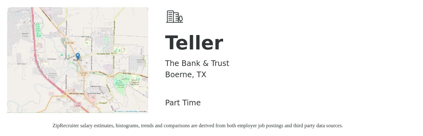 The Bank & Trust job posting for a Teller in Boerne, TX with a salary of $15 to $19 Hourly with a map of Boerne location.