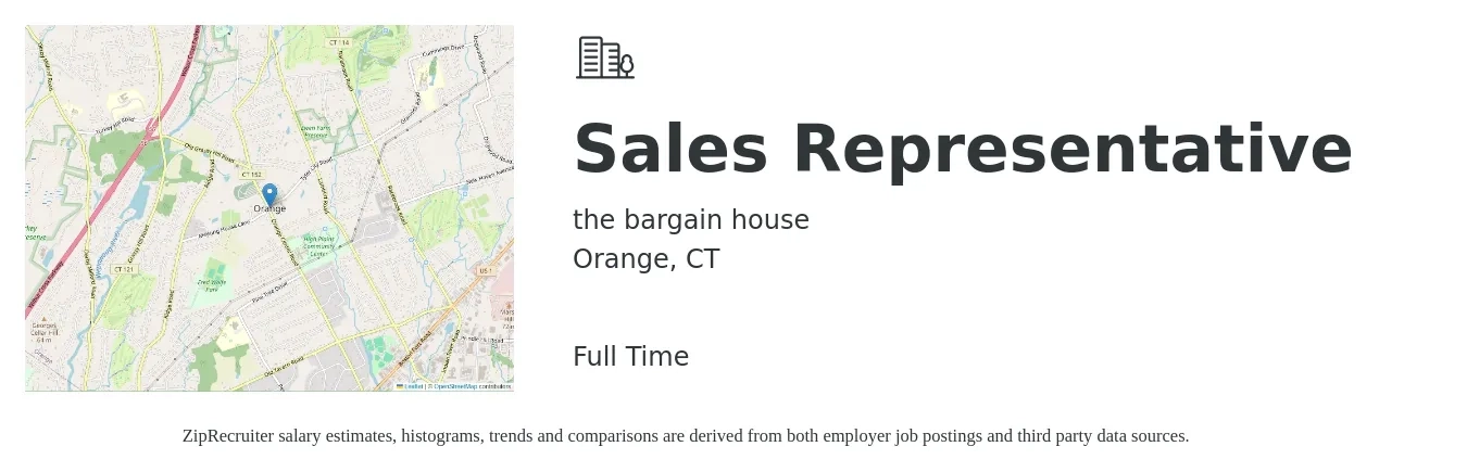 the bargain house job posting for a Sales Representative in Orange, CT with a salary of $600 to $1,200 Weekly (plus commission) with a map of Orange location.