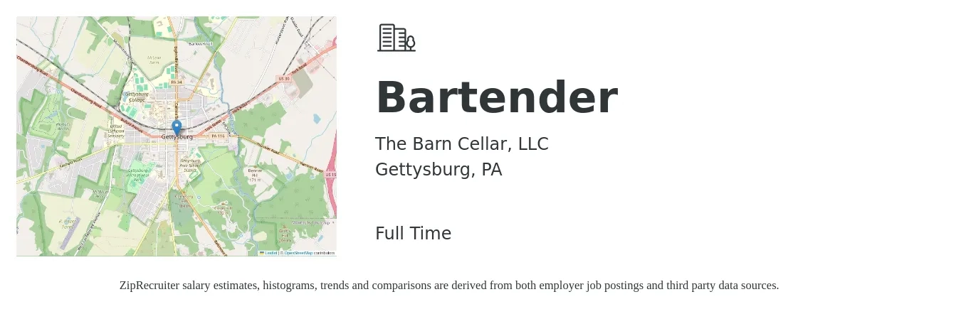 The Barn Cellar, LLC job posting for a Bartender in Gettysburg, PA with a salary of $10 to $20 Hourly with a map of Gettysburg location.
