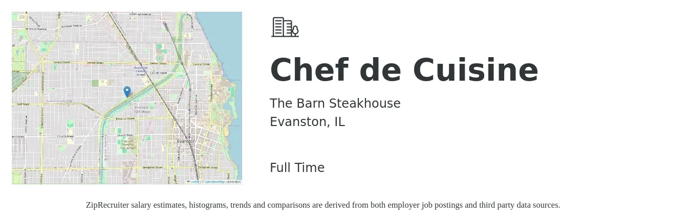 The Barn Steakhouse job posting for a Chef de Cuisine in Evanston, IL with a salary of $63,800 to $87,300 Yearly with a map of Evanston location.