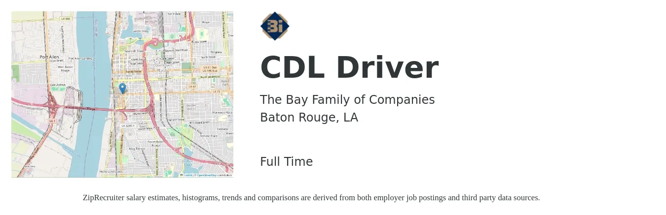 The Bay Family of Companies job posting for a CDL Driver in Baton Rouge, LA with a salary of $24 to $41 Hourly with a map of Baton Rouge location.