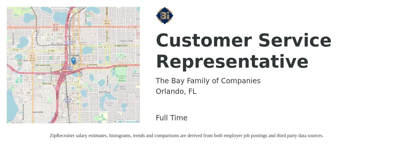 The Bay Family of Companies job posting for a Customer Service Representative in Orlando, FL with a salary of $15 to $20 Hourly with a map of Orlando location.