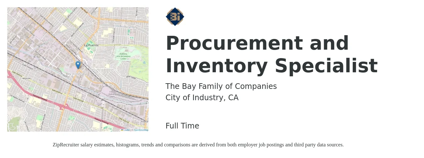 The Bay Family of Companies job posting for a Procurement and Inventory Specialist in City of Industry, CA with a salary of $46,900 to $70,100 Yearly with a map of City of Industry location.