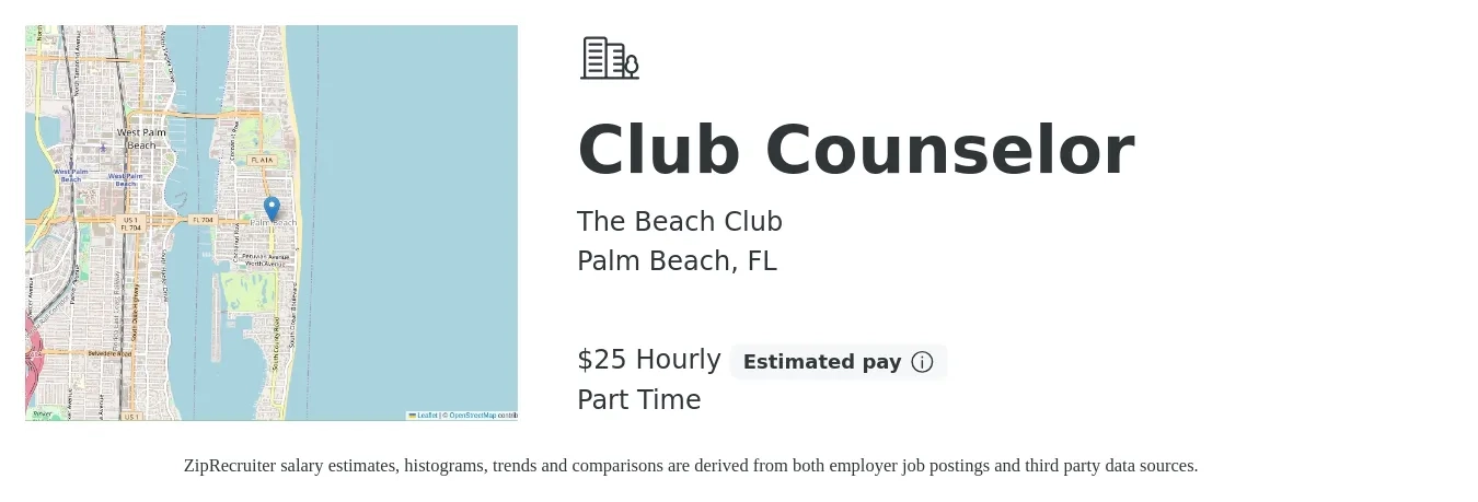 The Beach Club job posting for a Club Counselor in Palm Beach, FL with a salary of $26 Hourly with a map of Palm Beach location.