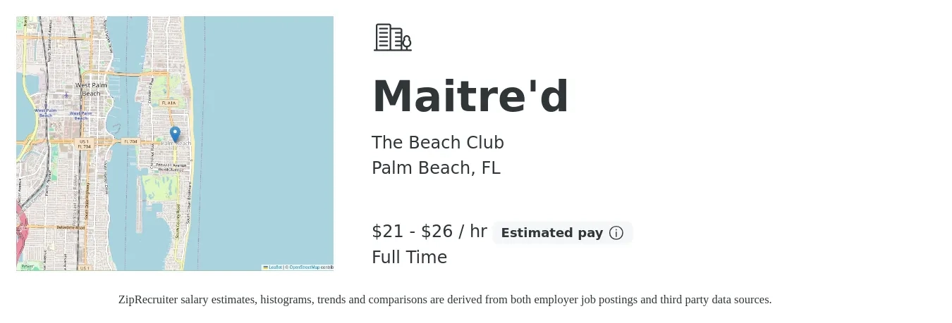 The Beach Club job posting for a Maitre'd in Palm Beach, FL with a salary of $22 to $28 Hourly with a map of Palm Beach location.