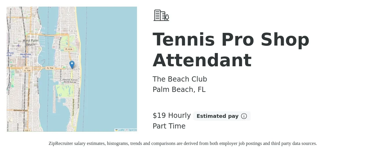 The Beach Club job posting for a Tennis Pro Shop Attendant in Palm Beach, FL with a salary of $12 to $16 Hourly with a map of Palm Beach location.