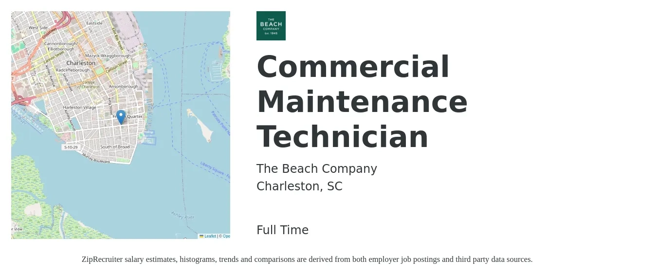 The Beach Company job posting for a Commercial Maintenance Technician in Charleston, SC with a salary of $20 to $26 Hourly with a map of Charleston location.