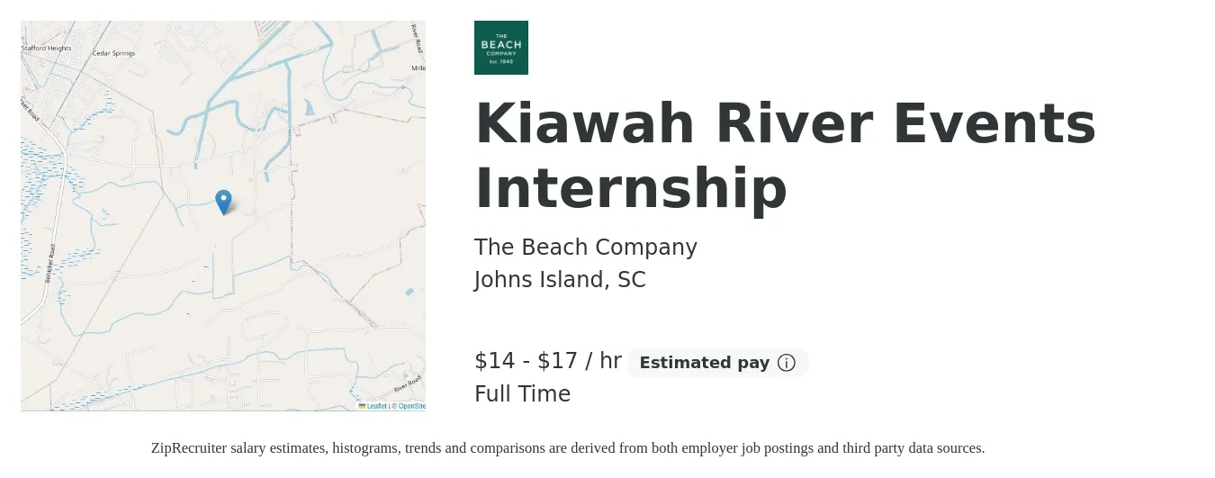 The Beach Company job posting for a Kiawah River Events Internship in Johns Island, SC with a salary of $15 to $18 Hourly with a map of Johns Island location.
