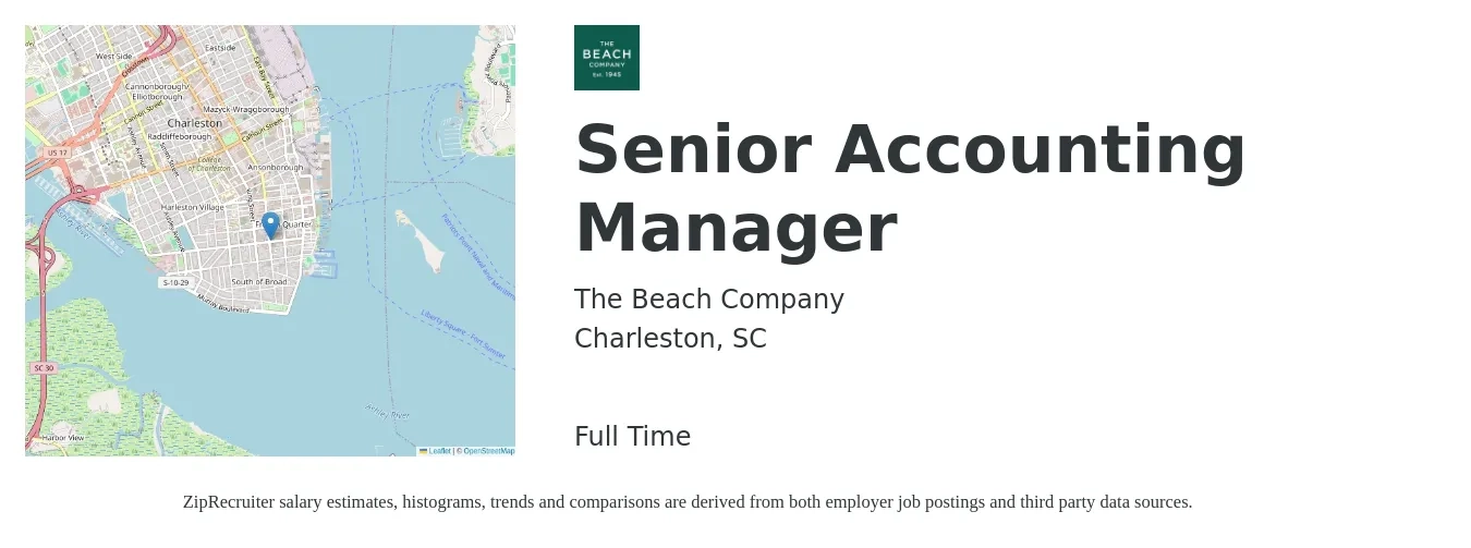The Beach Company job posting for a Senior Accounting Manager in Charleston, SC with a salary of $84,700 to $125,400 Yearly with a map of Charleston location.