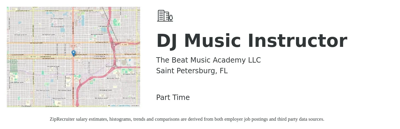 The Beat Music Academy LLC job posting for a DJ Music Instructor in Saint Petersburg, FL with a salary of $48 Hourly with a map of Saint Petersburg location.