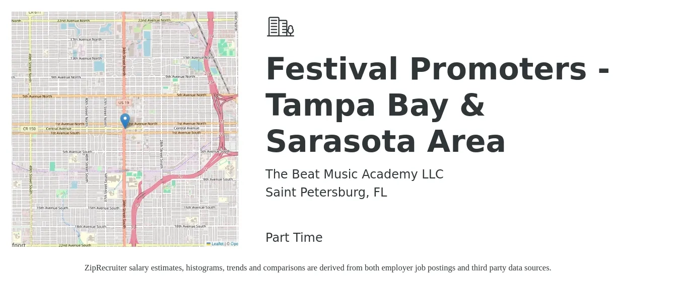 The Beat Music Academy LLC job posting for a Festival Promoters - Tampa Bay & Sarasota Area in Saint Petersburg, FL with a salary of $39,600 to $47,400 Yearly with a map of Saint Petersburg location.