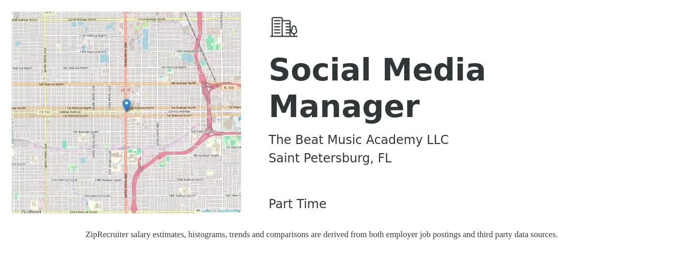 The Beat Music Academy LLC job posting for a Social Media Manager in Saint Petersburg, FL with a salary of $45,900 to $73,900 Yearly with a map of Saint Petersburg location.