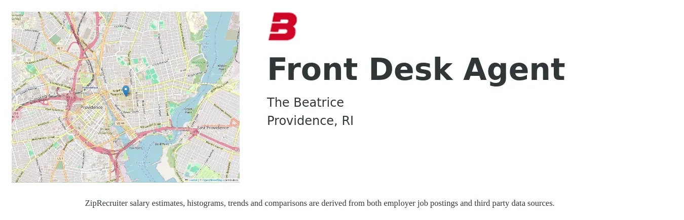 The Beatrice job posting for a Front Desk Agent in Providence, RI with a salary of $14 to $18 Hourly with a map of Providence location.