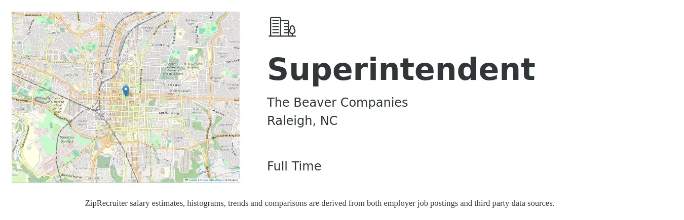 The Beaver Companies job posting for a Superintendent in Raleigh, NC with a salary of $62,800 to $102,100 Yearly with a map of Raleigh location.