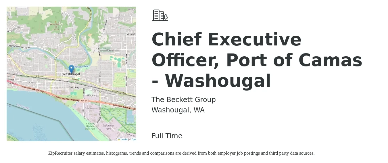 The Beckett Group job posting for a Chief Executive Officer, Port of Camas - Washougal in Washougal, WA with a salary of $124,200 to $183,200 Yearly with a map of Washougal location.