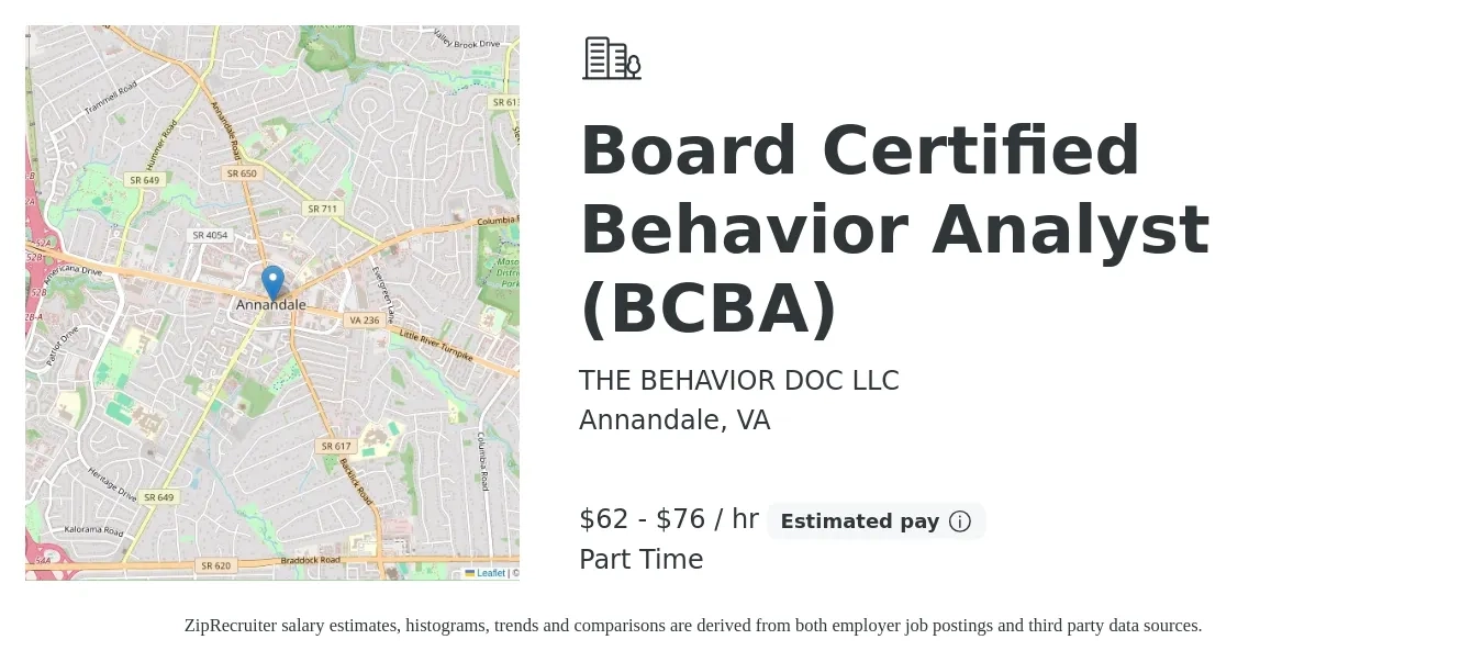 THE BEHAVIOR DOC LLC job posting for a Board Certified Behavior Analyst (BCBA) in Annandale, VA with a salary of $65 to $80 Hourly with a map of Annandale location.