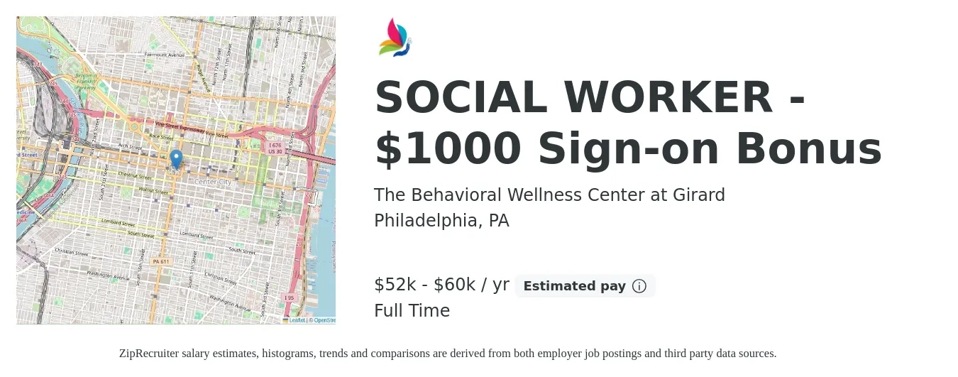 The Behavioral Wellness Center at Girard job posting for a SOCIAL WORKER - $1000 Sign-on Bonus in Philadelphia, PA with a salary of $52,000 to $60,000 Yearly with a map of Philadelphia location.