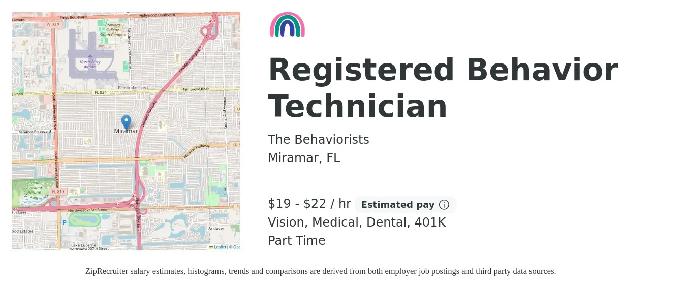 The Behaviorists job posting for a Registered Behavior Technician in Miramar, FL with a salary of $20 to $23 Hourly and benefits including 401k, dental, medical, and vision with a map of Miramar location.