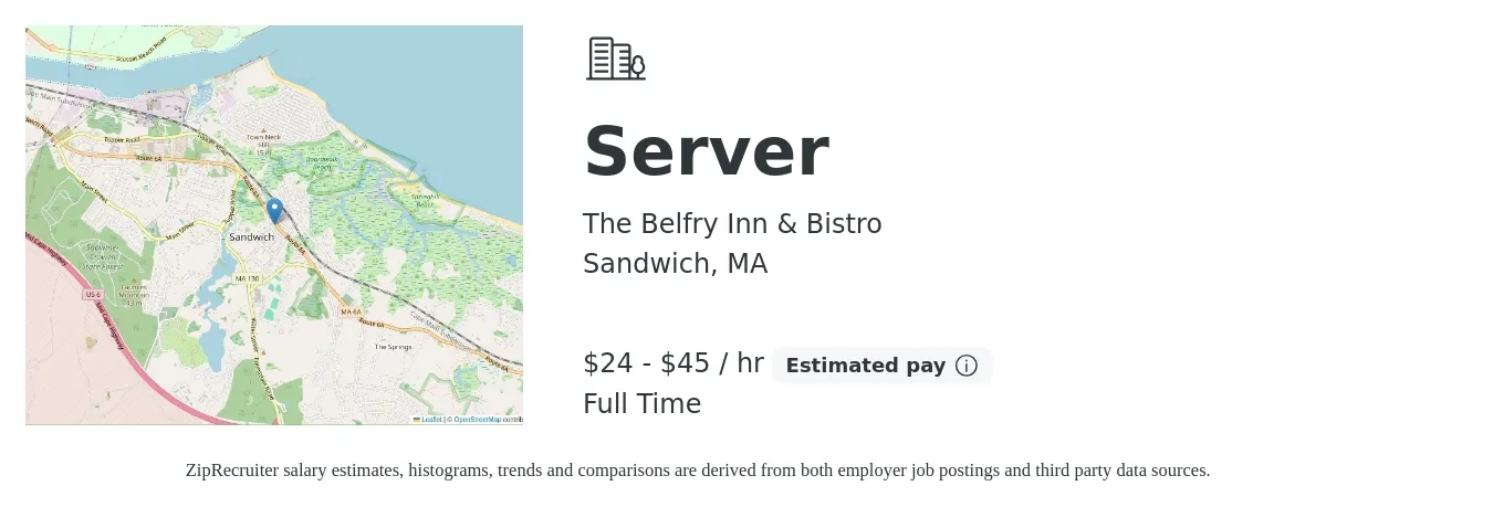 The Belfry Inn & Bistro job posting for a Server in Sandwich, MA with a salary of $25 to $47 Hourly with a map of Sandwich location.