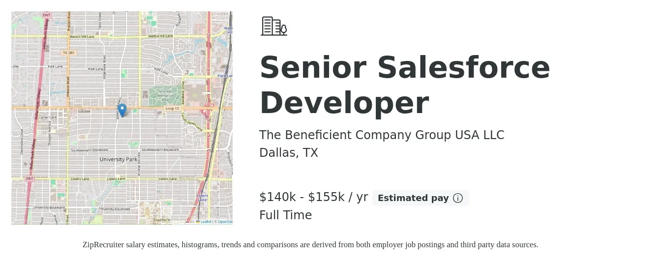 The Beneficient Company Group USA LLC job posting for a Senior Salesforce Developer in Dallas, TX with a salary of $140,000 to $155,000 Yearly with a map of Dallas location.