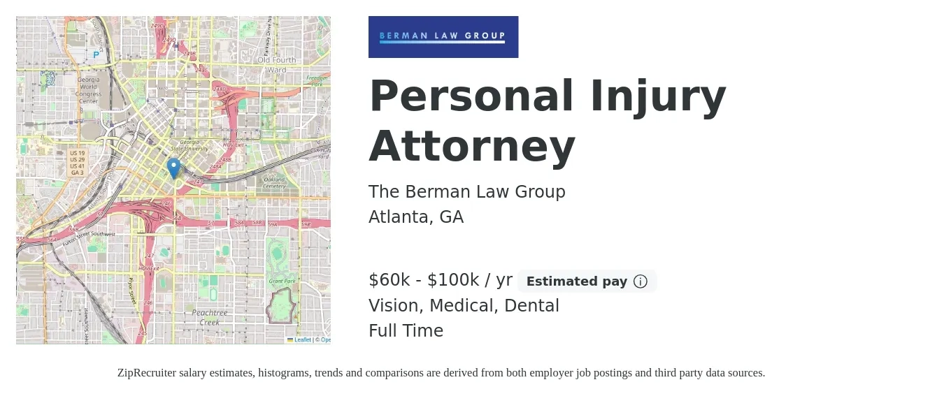 The Berman Law Group job posting for a Personal Injury Attorney in Atlanta, GA with a salary of $60,000 to $100,000 Yearly and benefits including medical, vision, and dental with a map of Atlanta location.