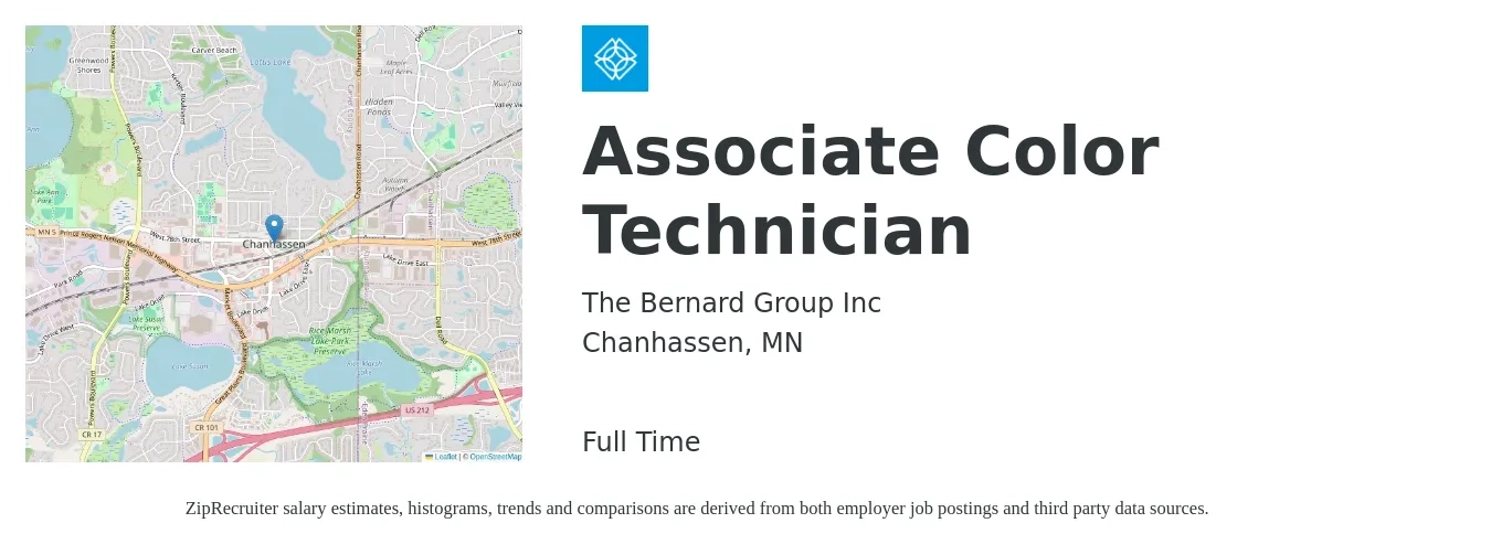 The Bernard Group Inc job posting for a Associate Color Technician in Chanhassen, MN with a salary of $18 to $26 Hourly with a map of Chanhassen location.