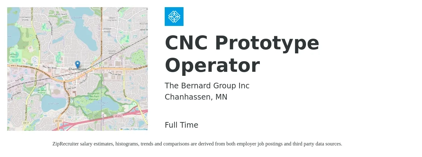 The Bernard Group Inc job posting for a CNC Prototype Operator in Chanhassen, MN with a salary of $26 to $35 Hourly with a map of Chanhassen location.