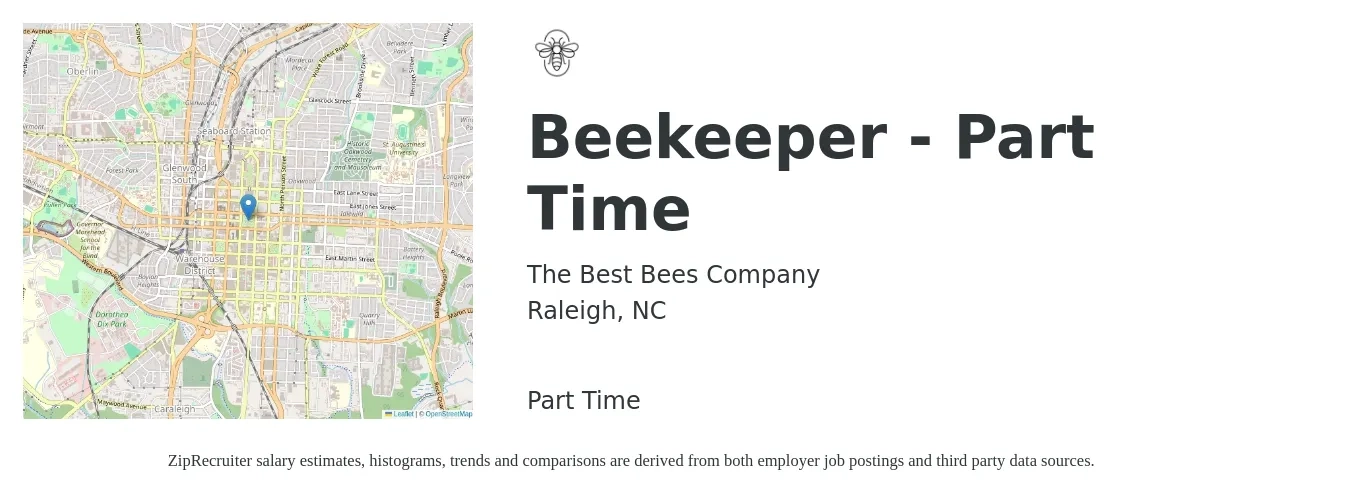 The Best Bees Company job posting for a Beekeeper - Part Time in Raleigh, NC with a salary of $36,900 to $68,500 Yearly with a map of Raleigh location.