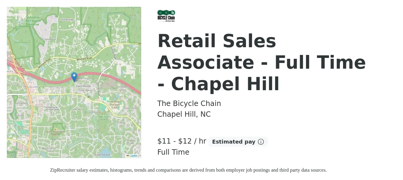 The Bicycle Chain job posting for a Retail Sales Associate - Full Time - Chapel Hill in Chapel Hill, NC with a salary of $12 to $13 Hourly with a map of Chapel Hill location.