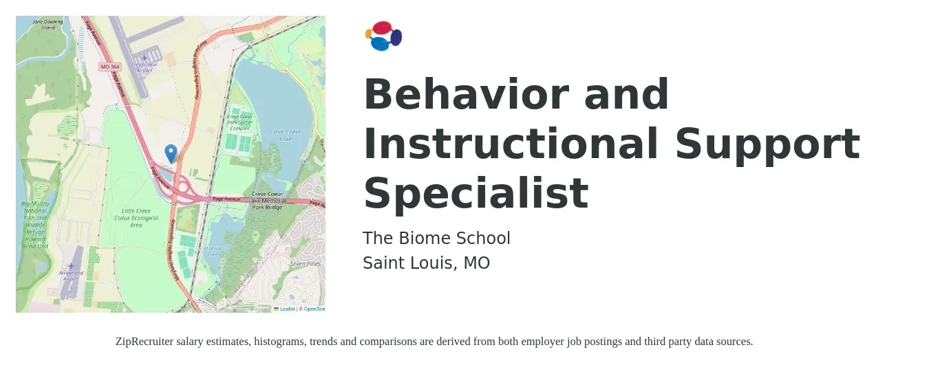 The Biome School job posting for a Behavior and Instructional Support Specialist in Saint Louis, MO with a salary of $30,400 to $47,200 Yearly with a map of Saint Louis location.