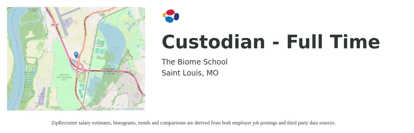 The Biome School job posting for a Custodian - Full Time in Saint Louis, MO with a salary of $17 Hourly with a map of Saint Louis location.