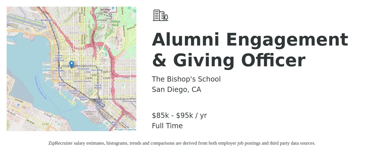 The Bishop's School job posting for a Alumni Engagement & Giving Officer in San Diego, CA with a salary of $85,000 to $95,000 Yearly with a map of San Diego location.
