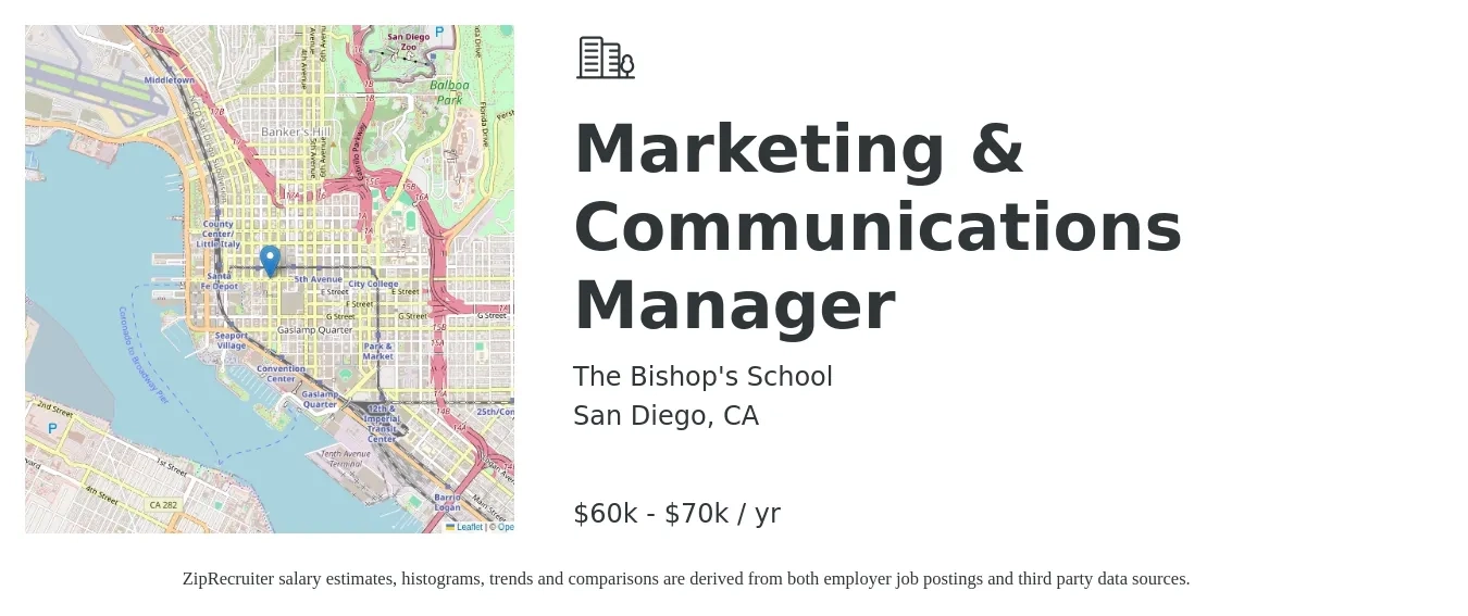 The Bishop's School job posting for a Marketing & Communications Manager in San Diego, CA with a salary of $60,000 to $70,000 Yearly with a map of San Diego location.