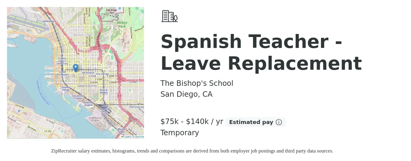 The Bishop's School job posting for a Spanish Teacher - Leave Replacement in San Diego, CA with a salary of $75,070 to $140,976 Yearly with a map of San Diego location.