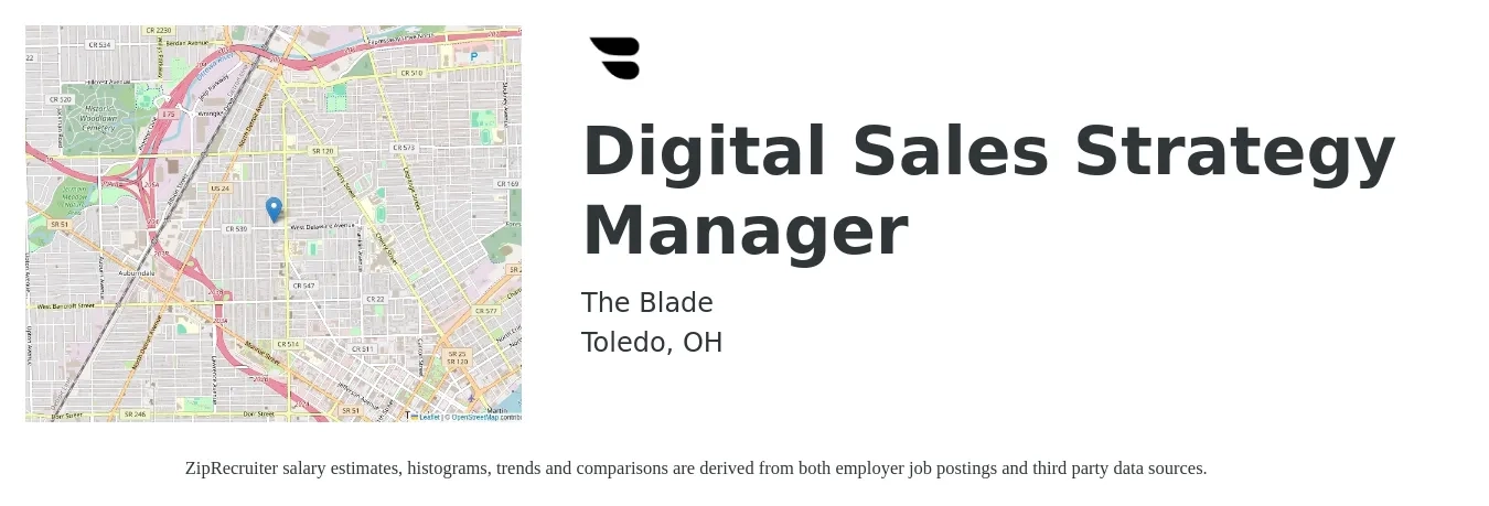 The Blade job posting for a Digital Sales Strategy Manager in Toledo, OH with a salary of $62,500 to $101,300 Yearly with a map of Toledo location.