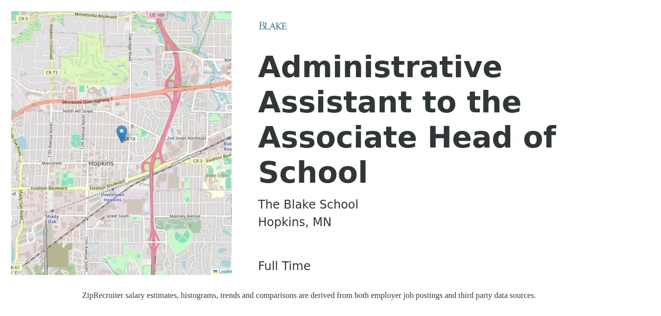 The Blake School job posting for a Administrative Assistant to the Associate Head of School in Hopkins, MN with a salary of $18 to $25 Hourly with a map of Hopkins location.