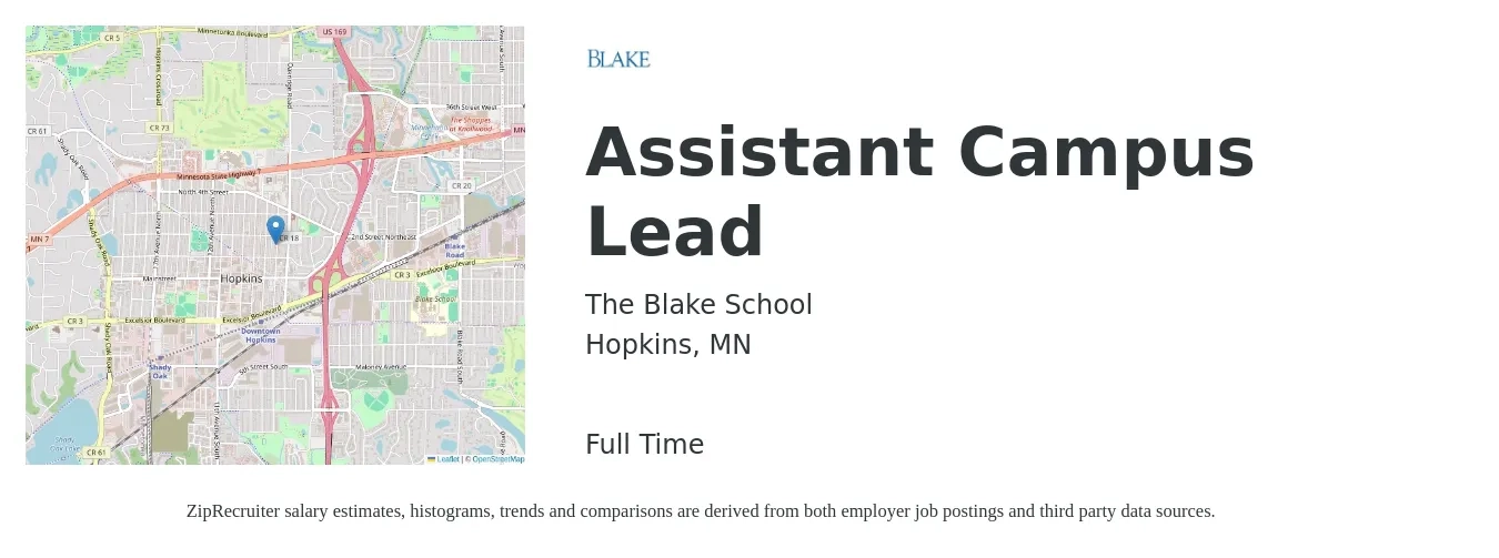The Blake School job posting for a Assistant Campus Lead in Hopkins, MN with a salary of $41,800 to $53,000 Yearly with a map of Hopkins location.