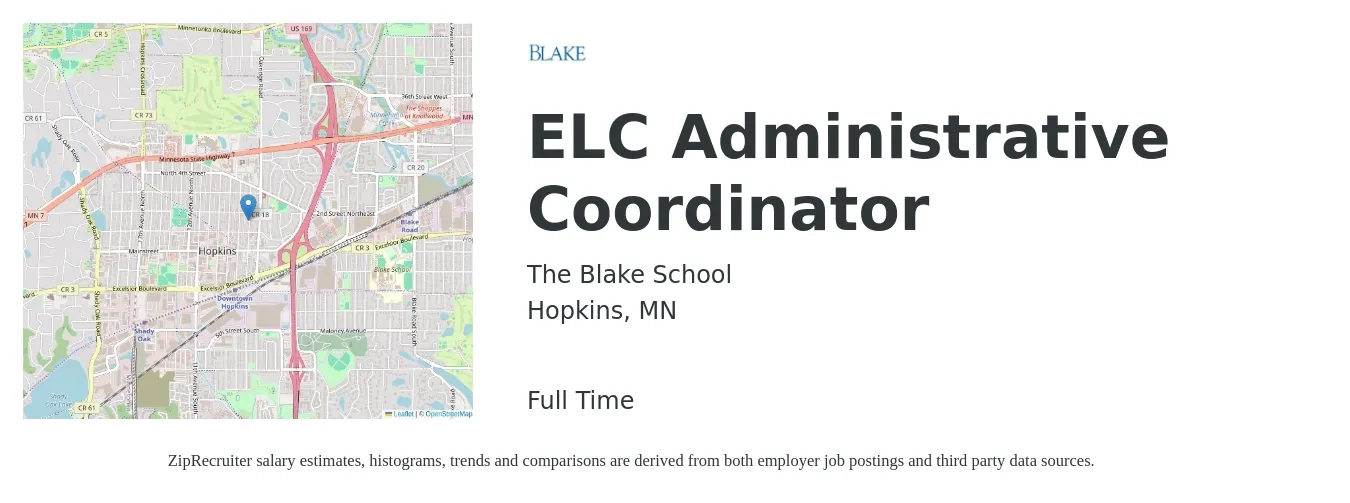 The Blake School job posting for a ELC Administrative Coordinator in Hopkins, MN with a salary of $20 to $28 Hourly with a map of Hopkins location.