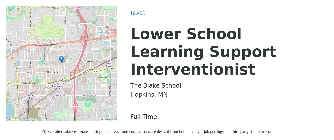 The Blake School job posting for a Lower School Learning Support Interventionist in Hopkins, MN with a salary of $20 to $27 Hourly with a map of Hopkins location.