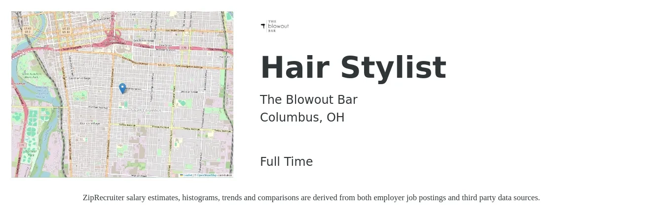 The Blowout Bar job posting for a Hair Stylist in Columbus, OH with a salary of $16 to $24 Hourly with a map of Columbus location.